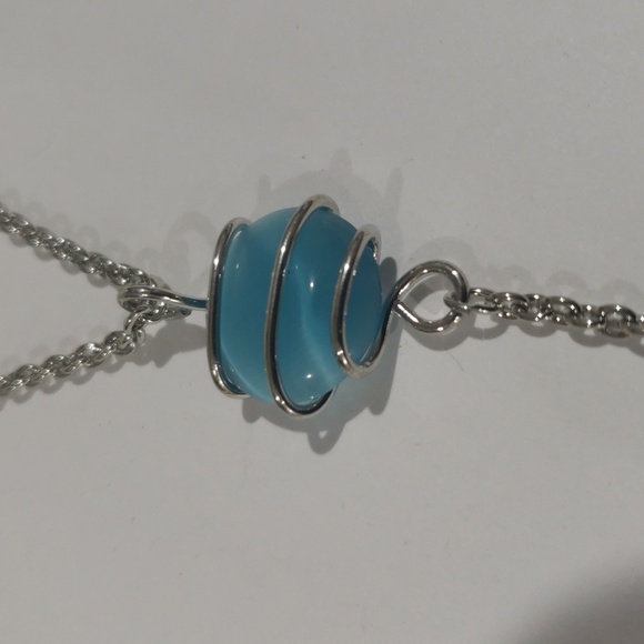 Turquoise Pendant Necklace – Twisted Silver Wire Wrap w/ Beaded Drop | Artisan - Picture 5 of 11